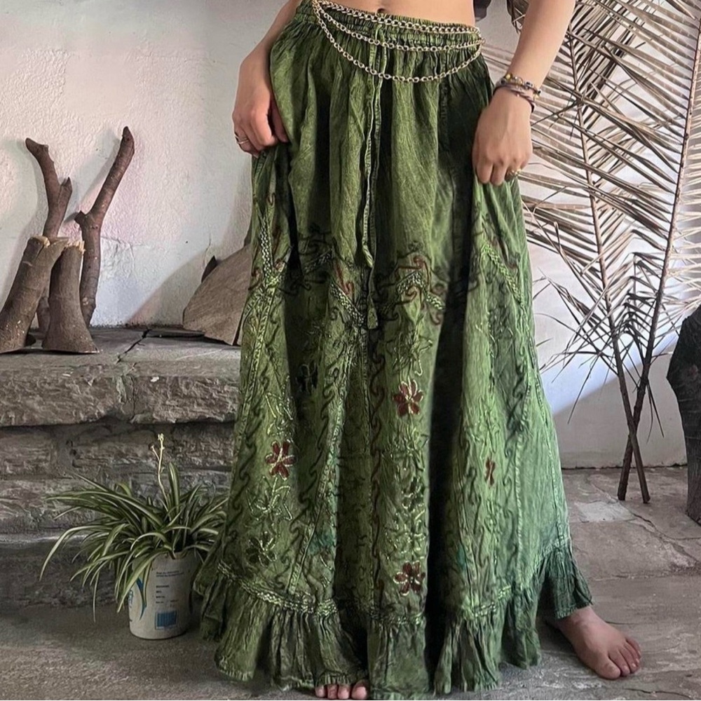 Chic Olive Maxi Skirt with Floral Accents - Picture 11 of 12